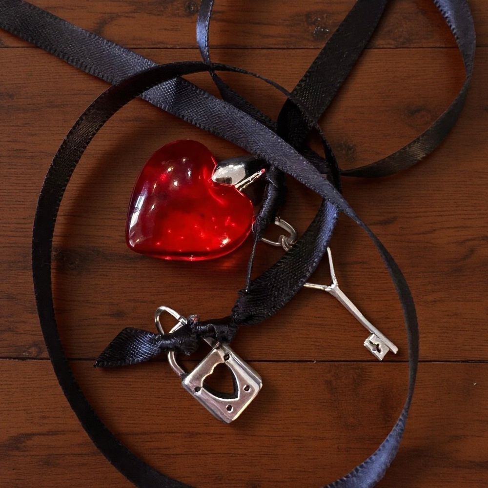 Glass Red Heart Pendant Necklace with Key and Lock Charm on Double Sided Satin